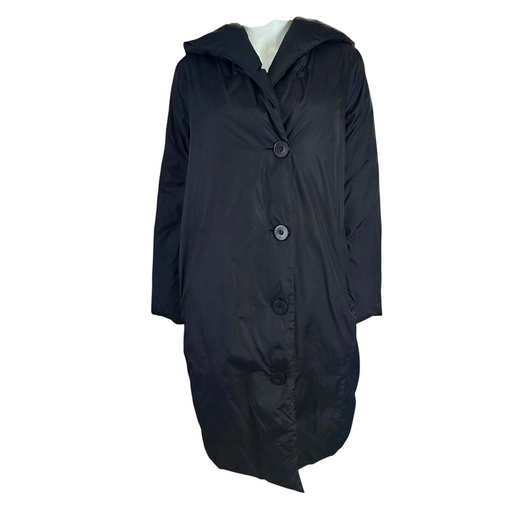Eileen Fisher Black Down Puffer Coat Hooded Long Parka Jacket Womens Medium M